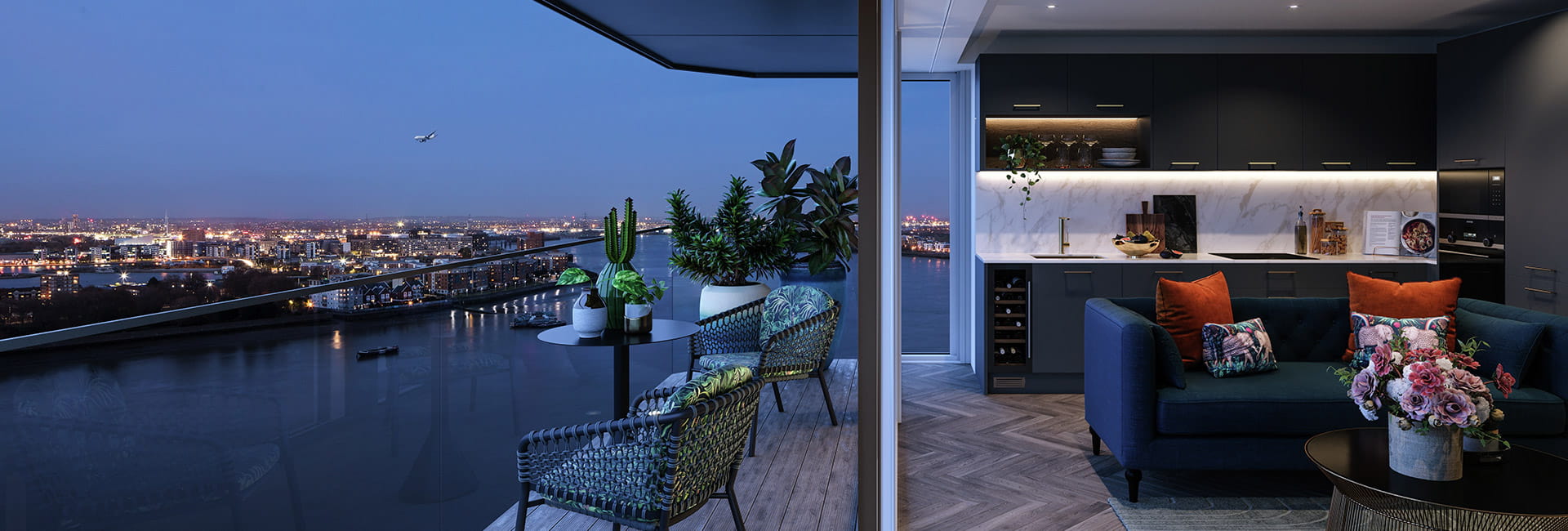 Image of balcony view and kitchen of apartment in Royal Arsenal Riverside