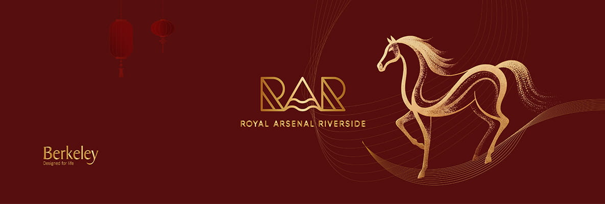 An illustration of a horse over a dark red background with the Royal Arsenal Riverside logo
