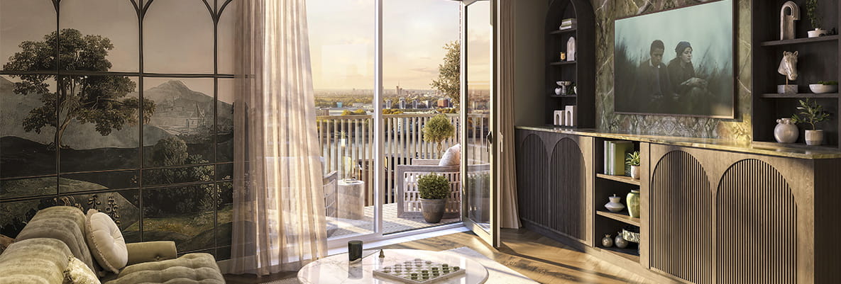 An interior CGI of the Living Area at The Apsley, Royal Arsenal Riverside