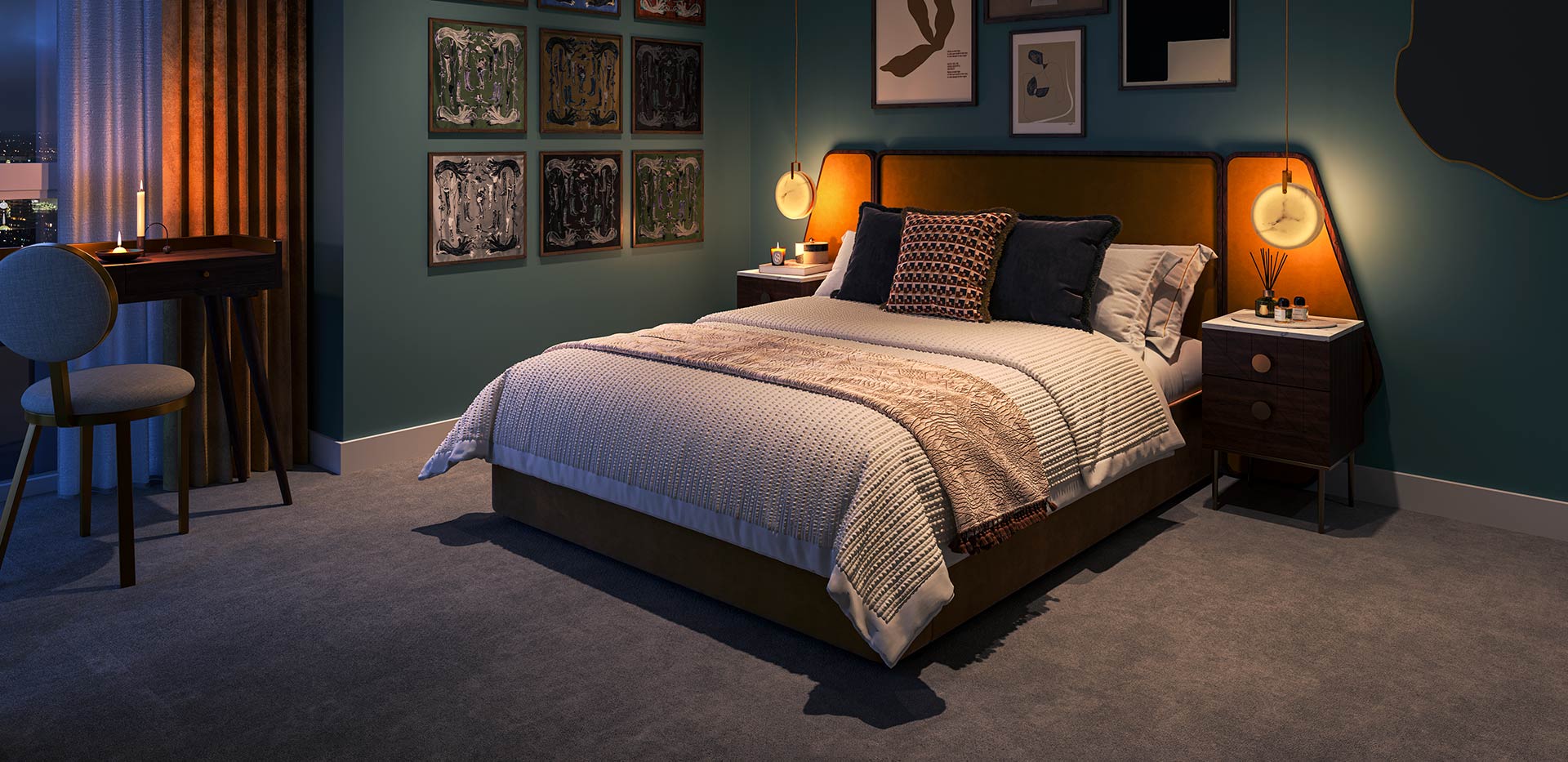 Lantern Wharf bedroom in the evening with cosy lighting