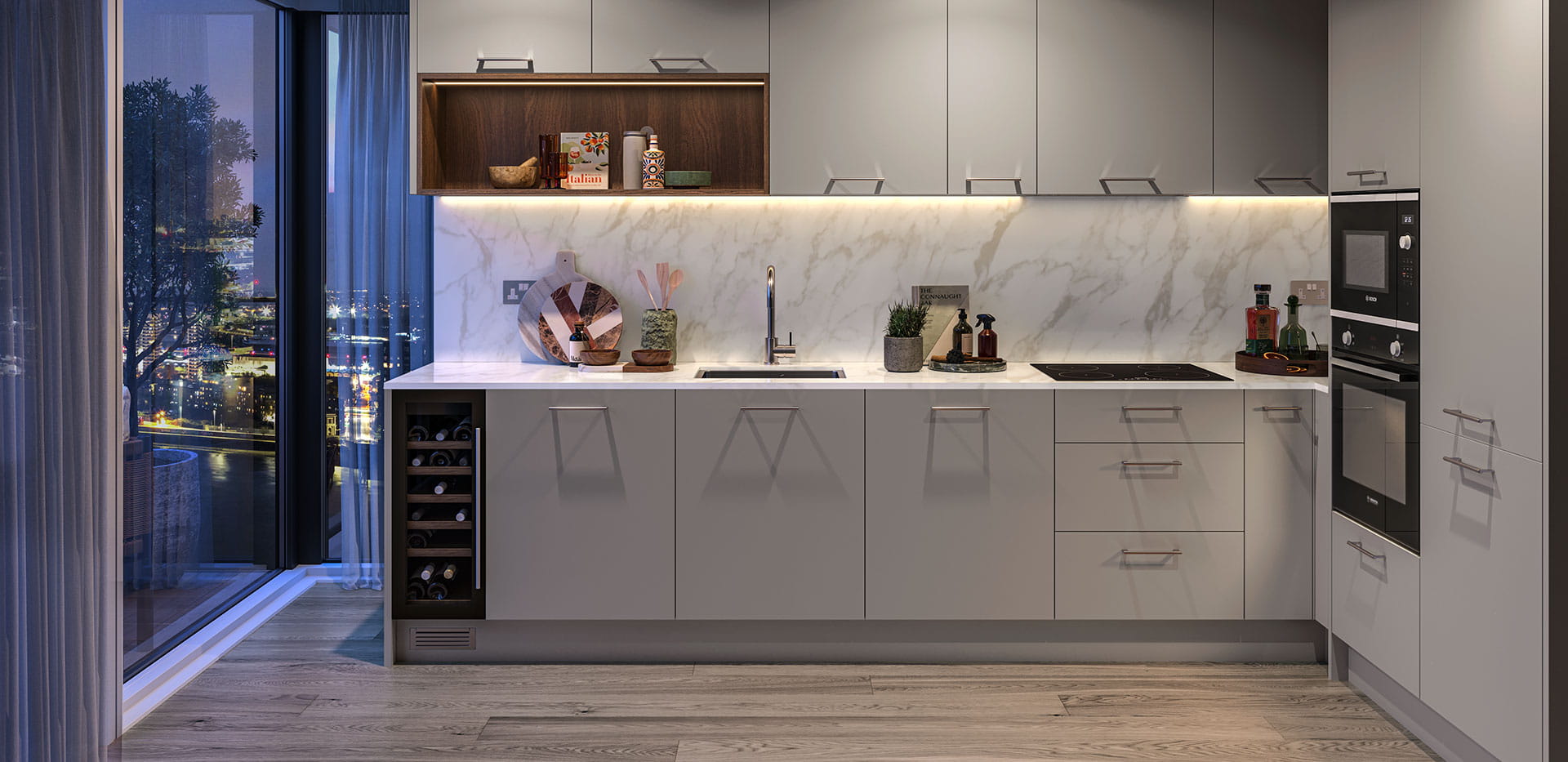Lantern Wharf kitchen with a light, ivory coloured design