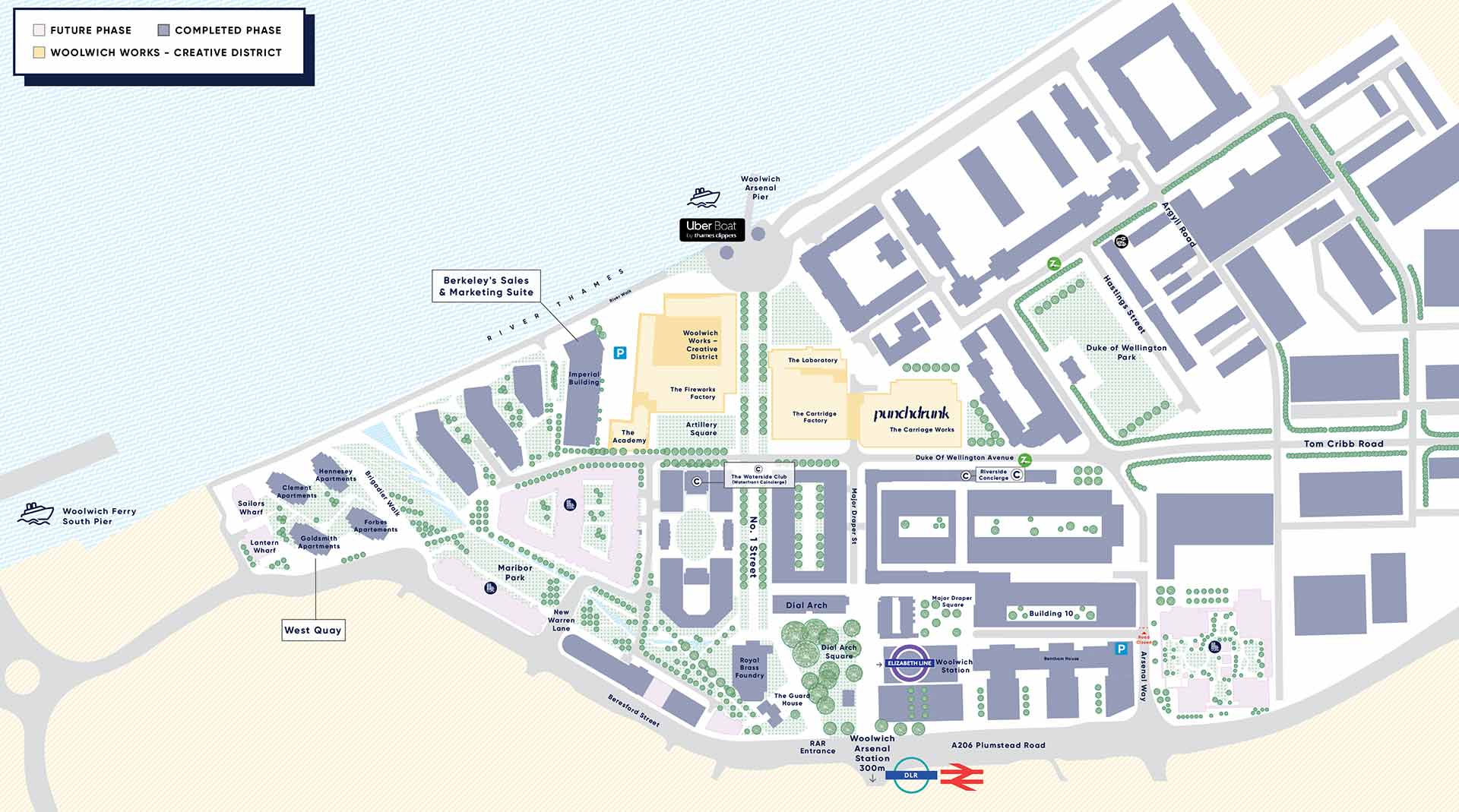 An illustration of the Royal Arsenal Riverside site plan with labels