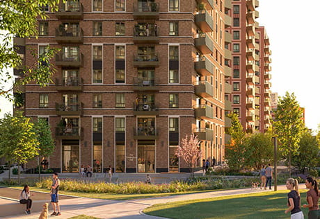 An exterior CGI of The Apsley showing the green space and first few floors of the building.