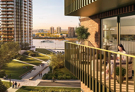An exterior CGI of a balcony view from The Apsley