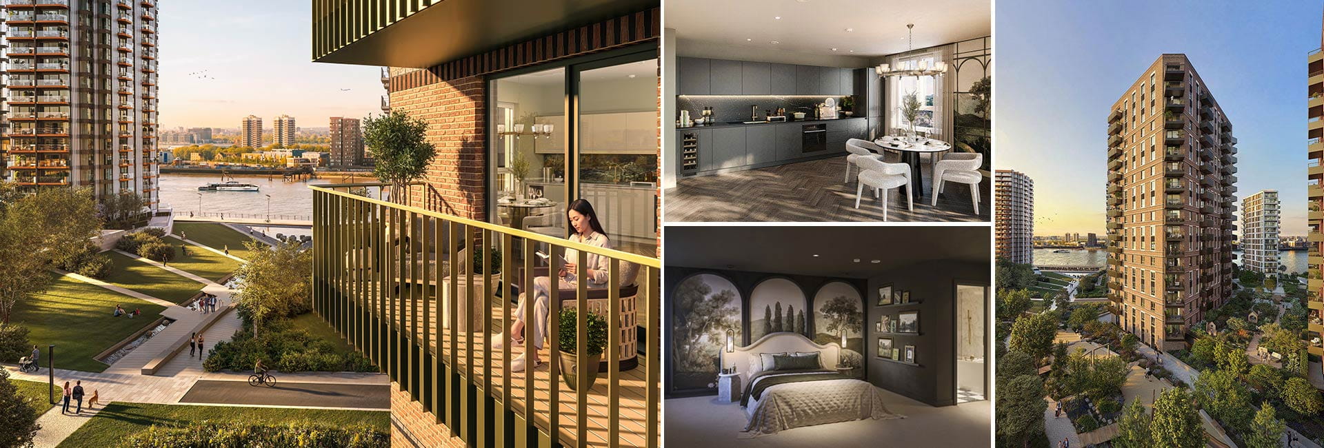 A montage of CGI images from The Apsley at Royal Arsenal Riverside