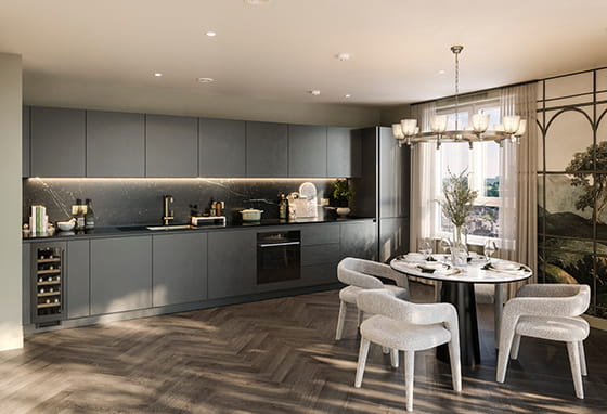 An interior CGI of the Dark Palette Kitchen at The Apsley