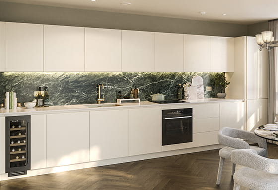 An interior CGI of the Light Palette Kitchen at The Apsley