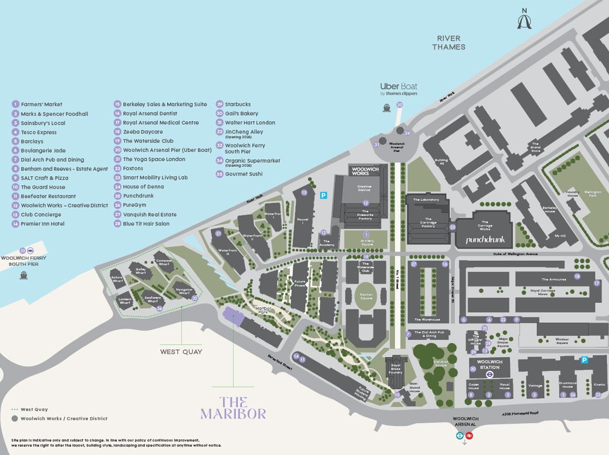 An illustration of the Royal Arsenal Riverside development with labels