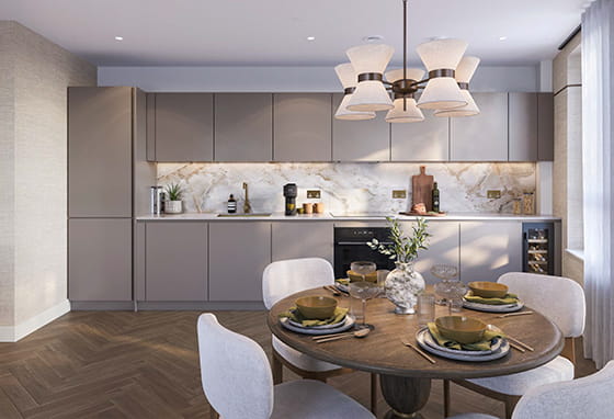 An interior CGI of the Kitchen with a dark colour at The Maribor