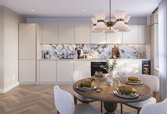 An interior CGI of the Kitchen with a light colour at The Maribor