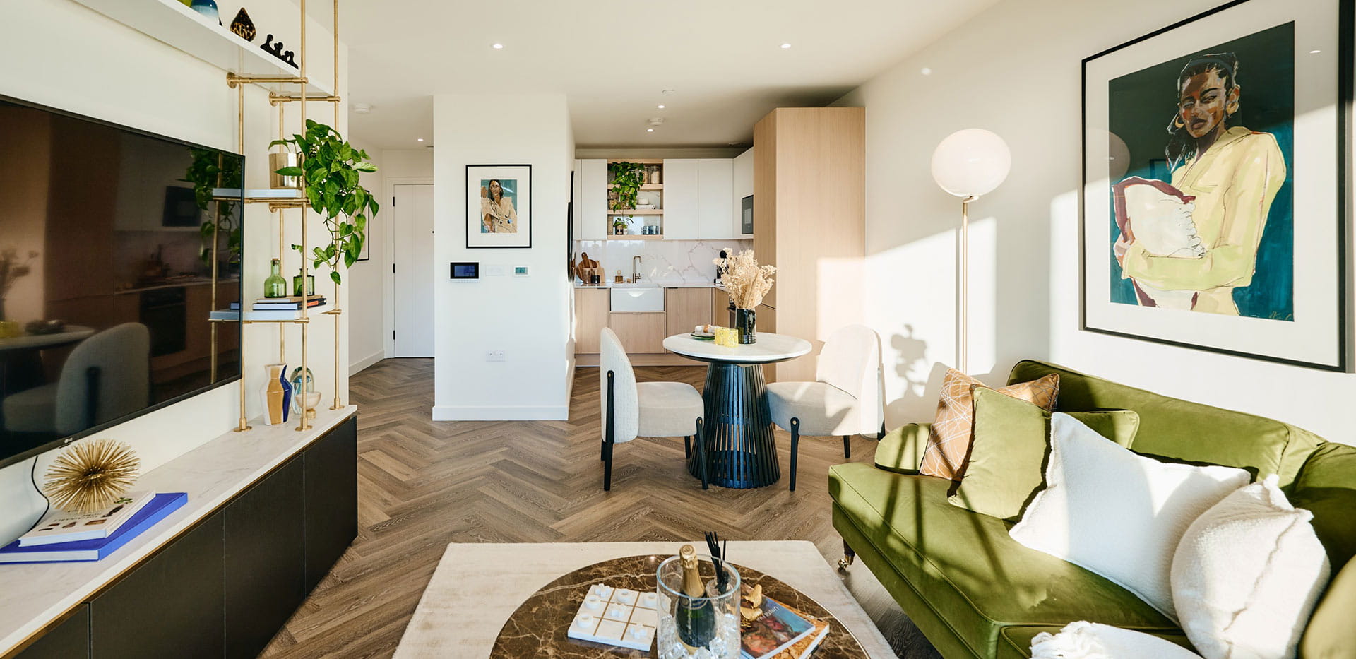 Open plan image showing the living/dining/kitchen within a 1-bedroom showhome