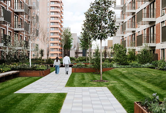 An exterior photograph of the courtyard at Silkstream