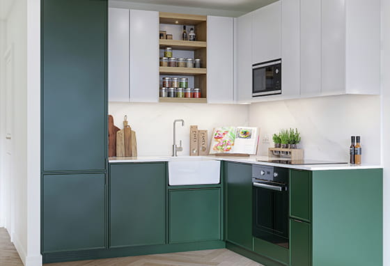 An image of a kitchen with the Jade Palette from Silkstream