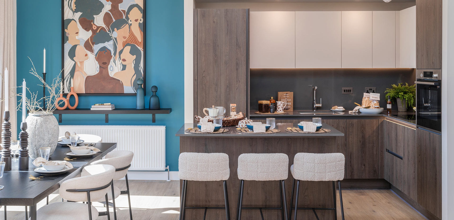 Interior kitchen and dining image at the 3 Bedroom Duplex showhome at Snow Hill Wharf