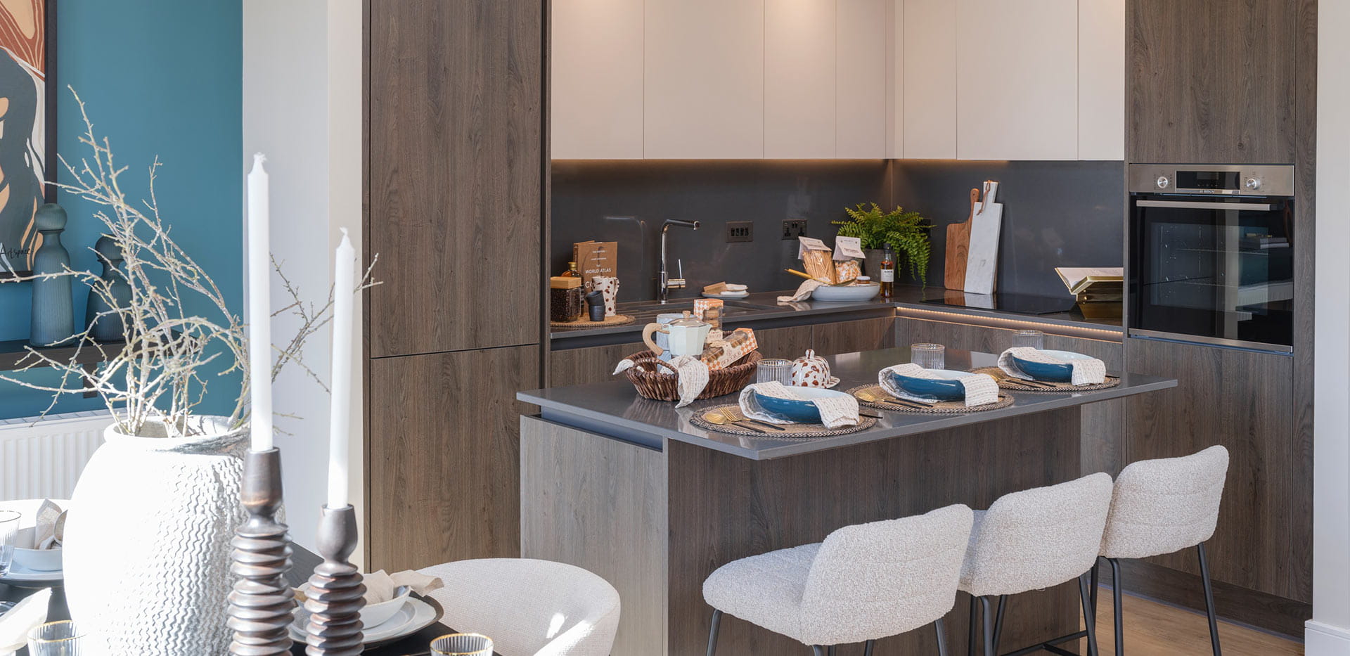 Interior kitchen image at the 3 Bedroom Duplex showhome at Snow Hill Wharf