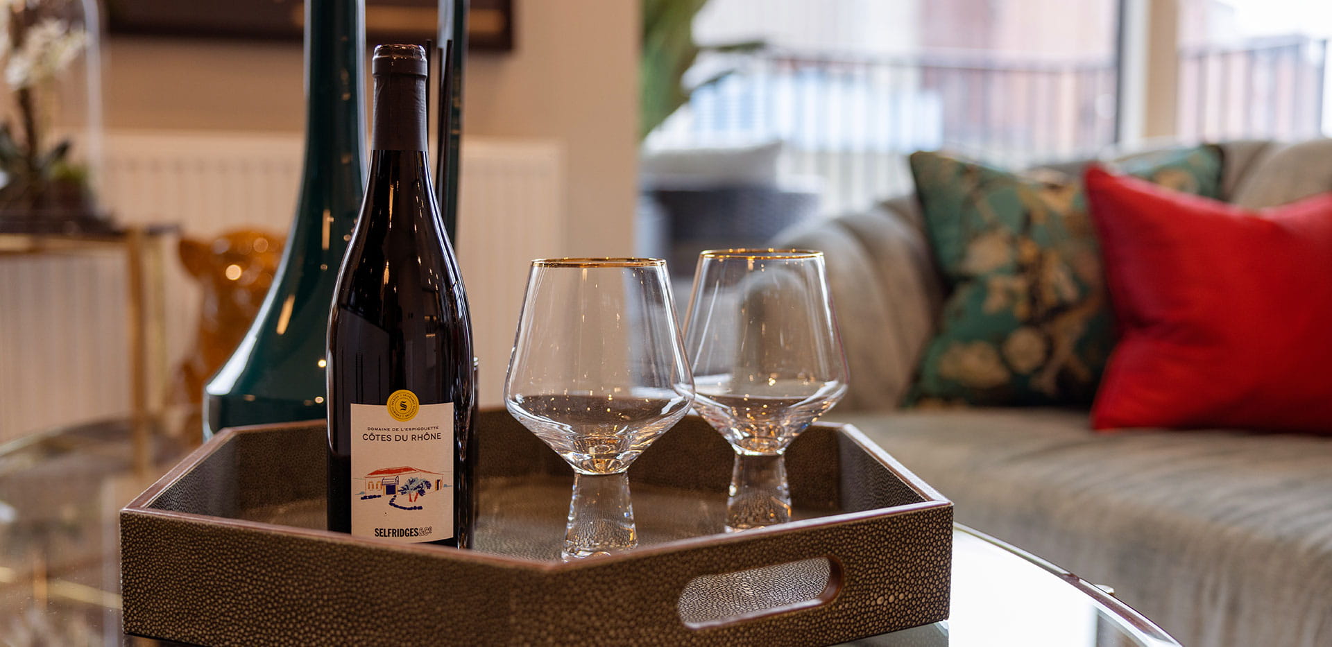 Close up shot of drinks on living room table