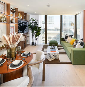 Modern designed and decorated living room dining area.