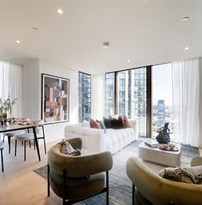 Modern designed and decorated living room dining area.