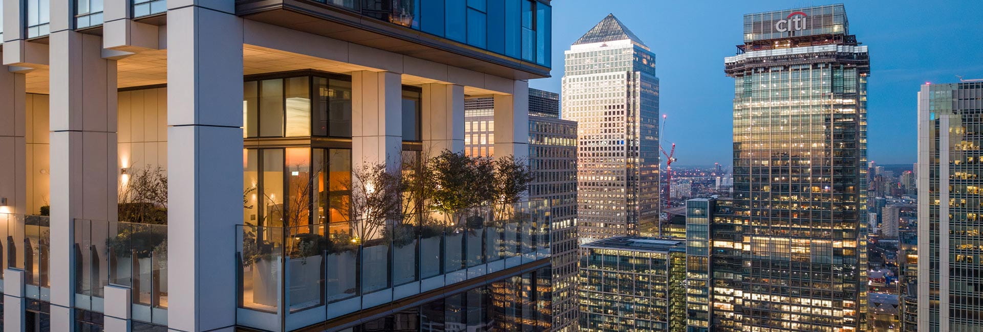 An exterior image of South Quay Plaza, with stunning views of London
