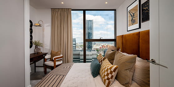 An interior bedroom image within a South Quay Plaza showhome