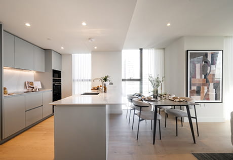 South Quay Plaza, showhome, Open kitchen and dining space with island