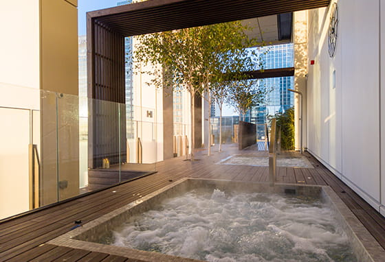 An exterior photograph of the Hot Tubs available at South Quay Plaza