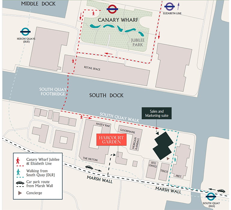 An Illustration Map of how to get to South Quay Plaza