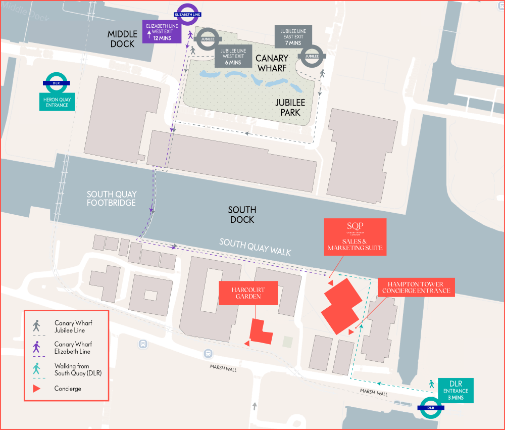 An illustrative map showing the development, pedestrian routes and train stations