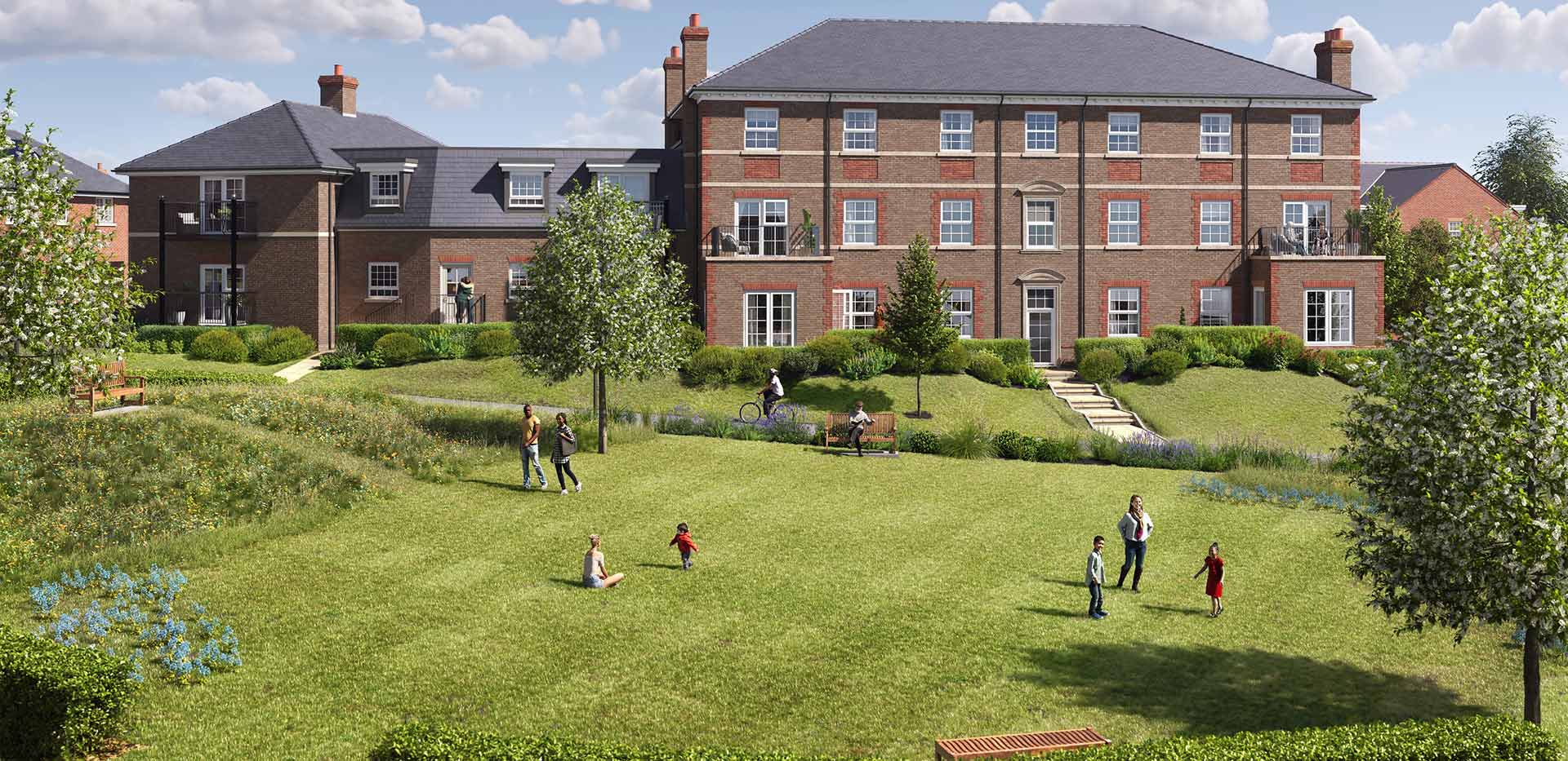 An exterior CGI of the Manor House apartments showing the green space available