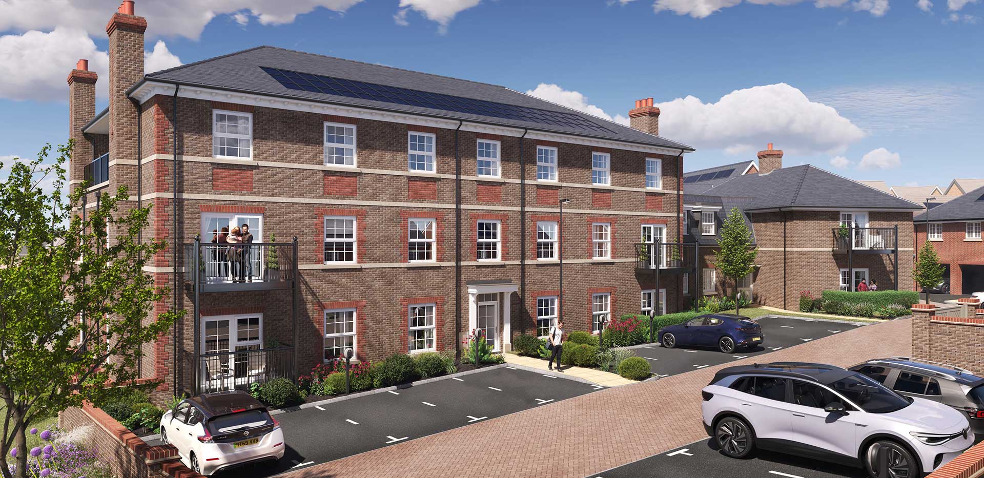 An exterior CGI of the Manor House apartments parking area