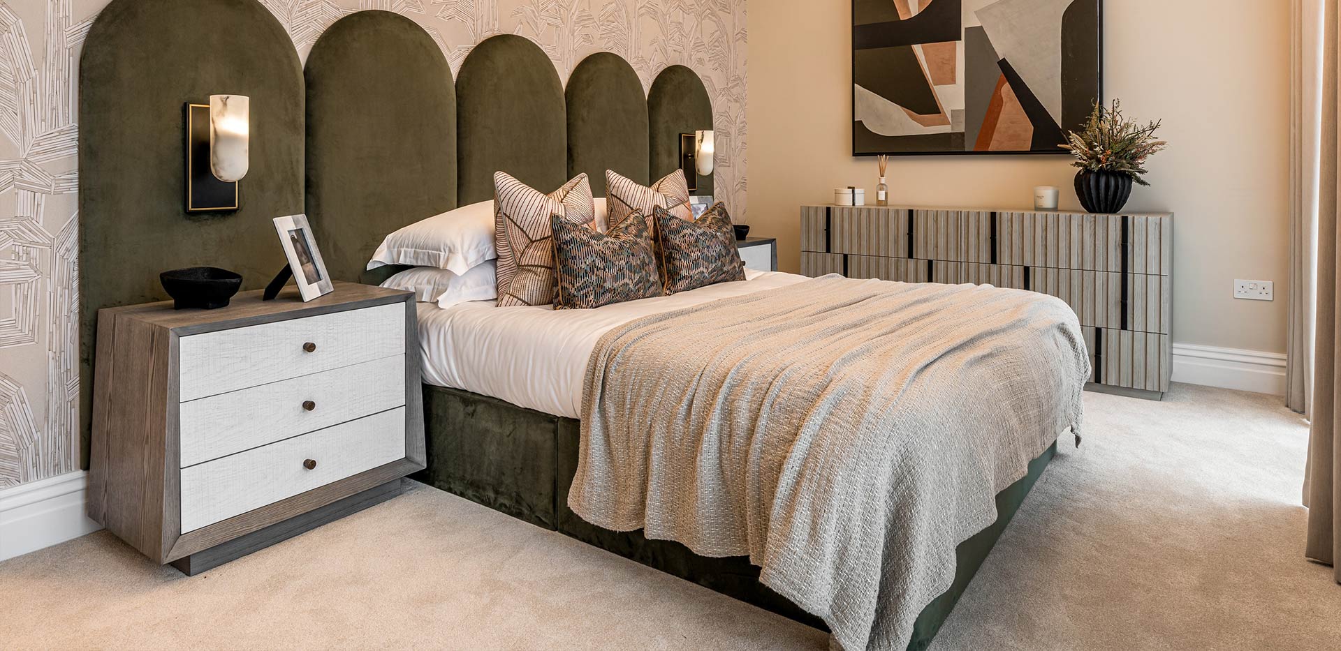 A image of a Bedroom with a bedside drawers at the 3 Bed Showhome at Sunningdale Park
