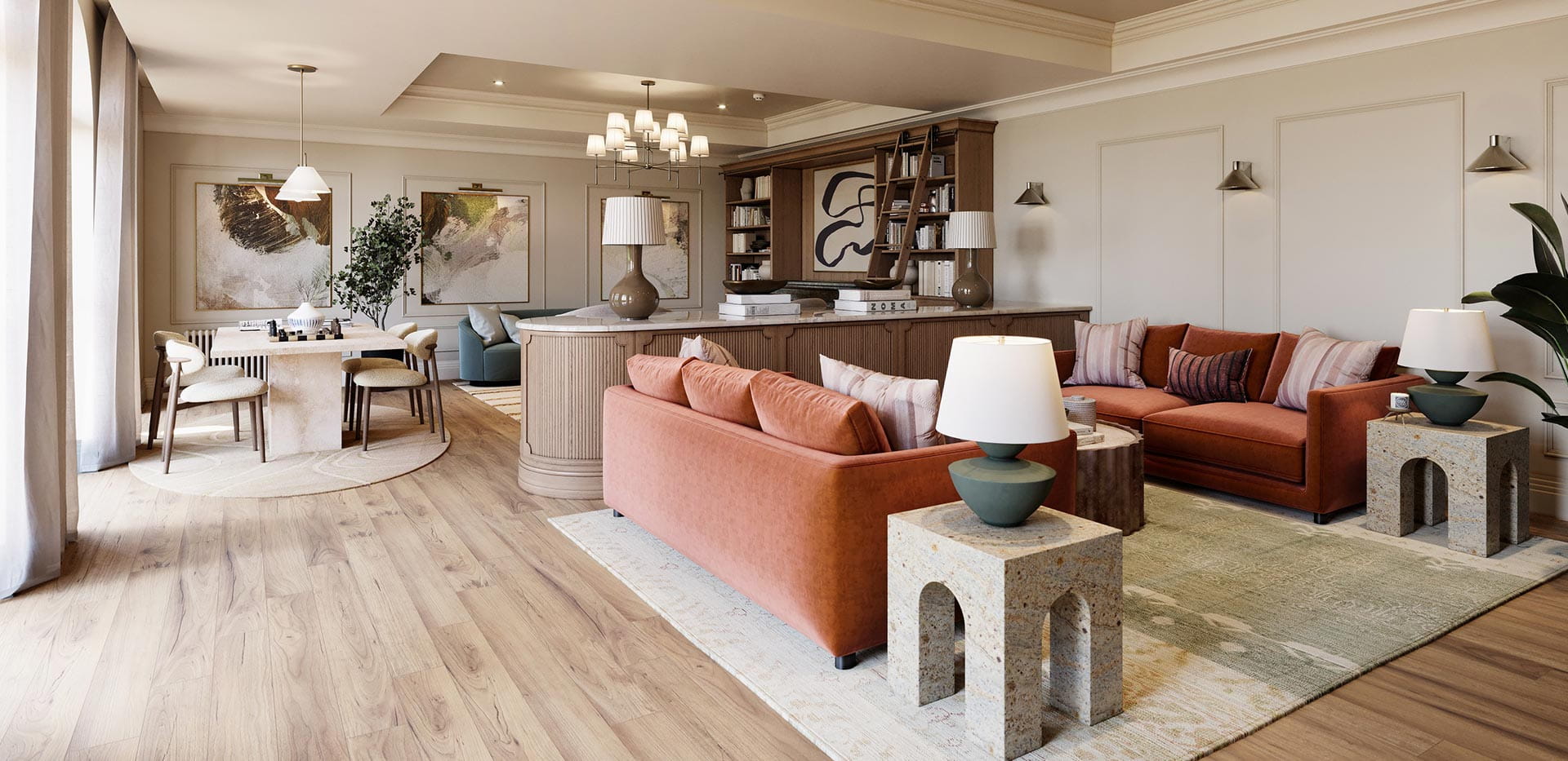 An interior image during the day of the Residents' Lounge at Larch Court