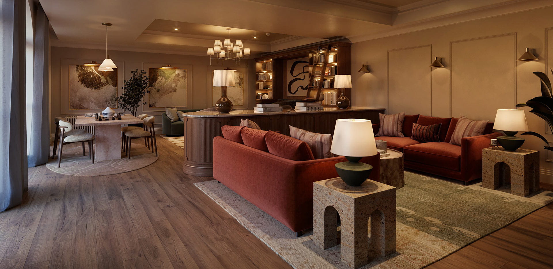 An interior image during night of the Residents' Lounge at Larch Court