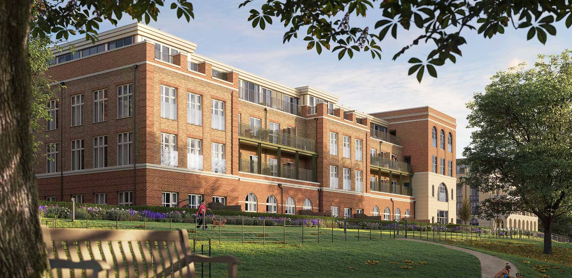 An exterior CGI of Larch Court at Sunningdale Park