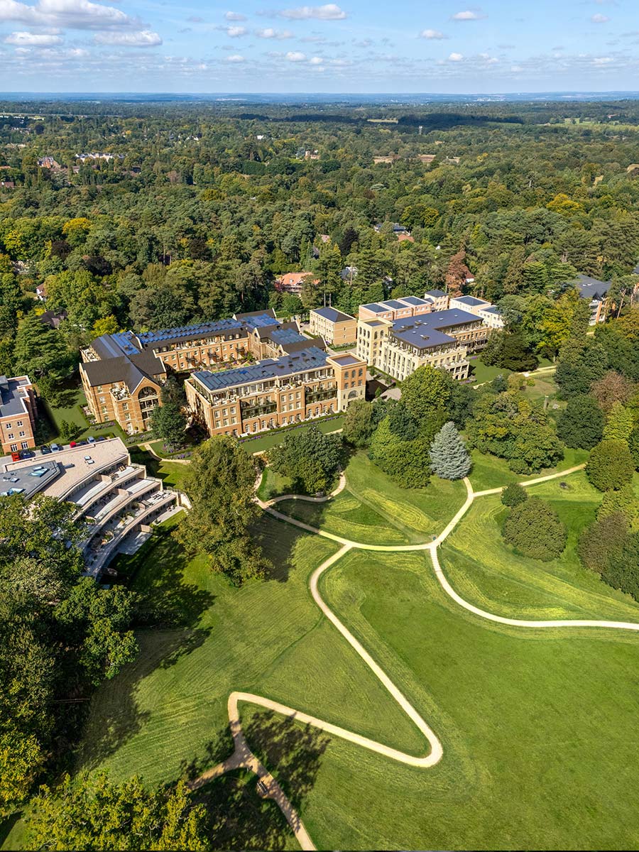 An aerial exterior image of Larch Court at Sunningdale Park