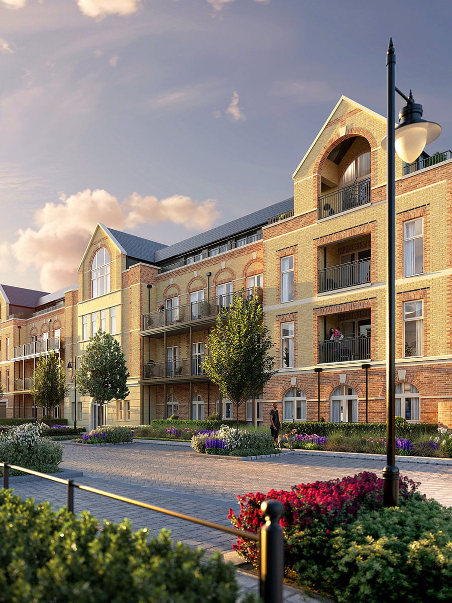 An exterior CGI of Larch Court at Sunningdale Park