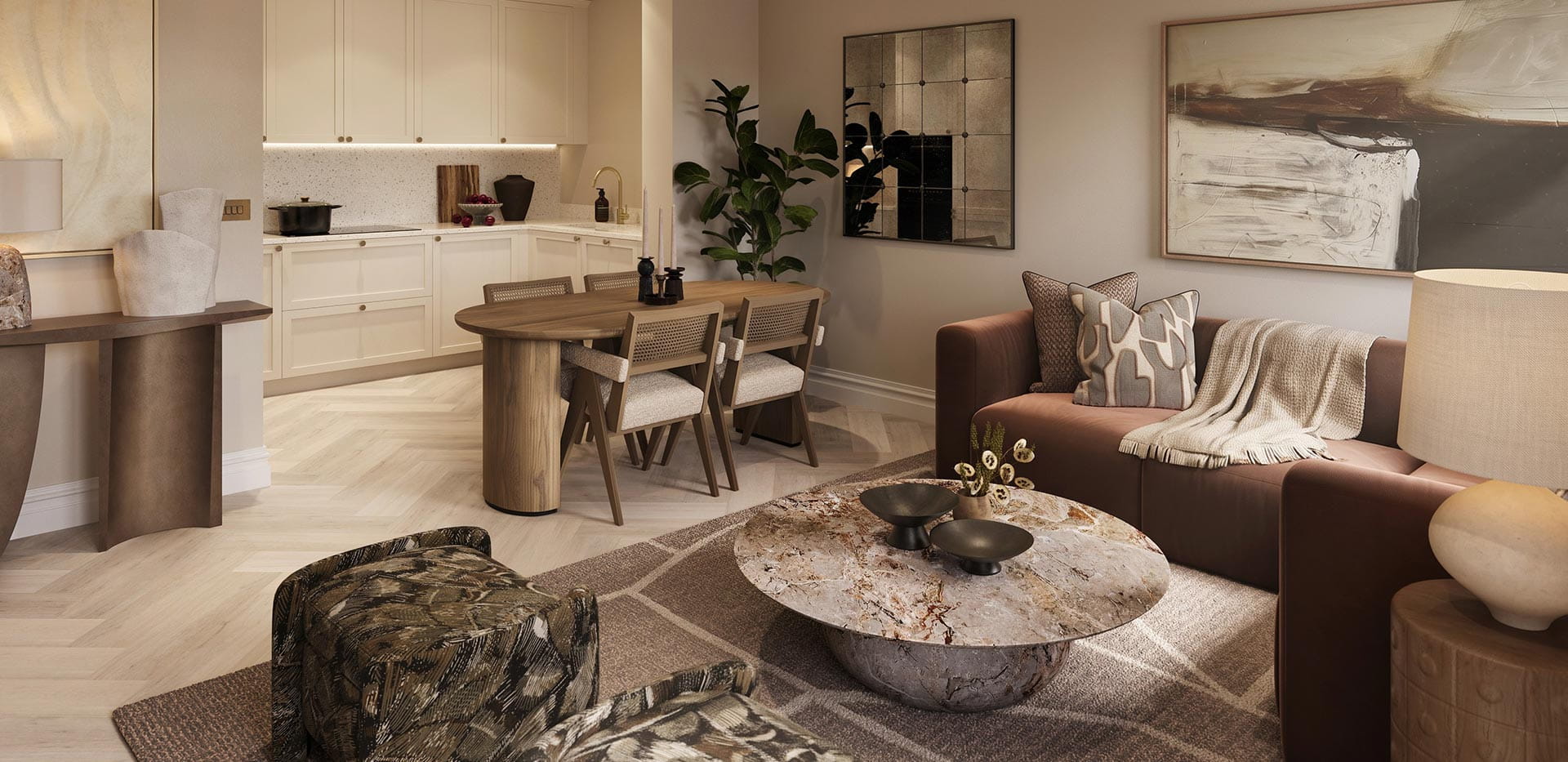 An interior Living / Dining / Kitchen at Larch Court