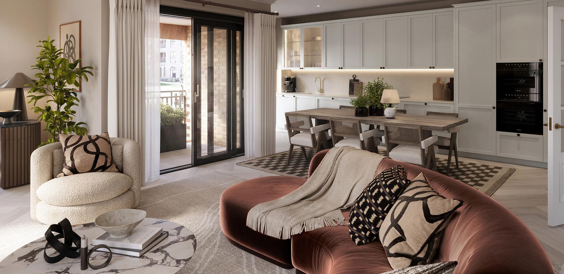 An interior Living / Dining / Kitchen at Larch Court