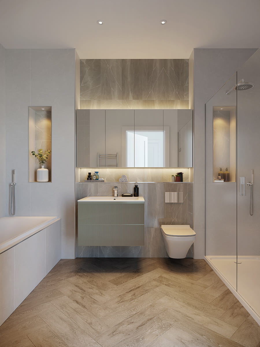 Large bathroom complete with both a shower and bathtub