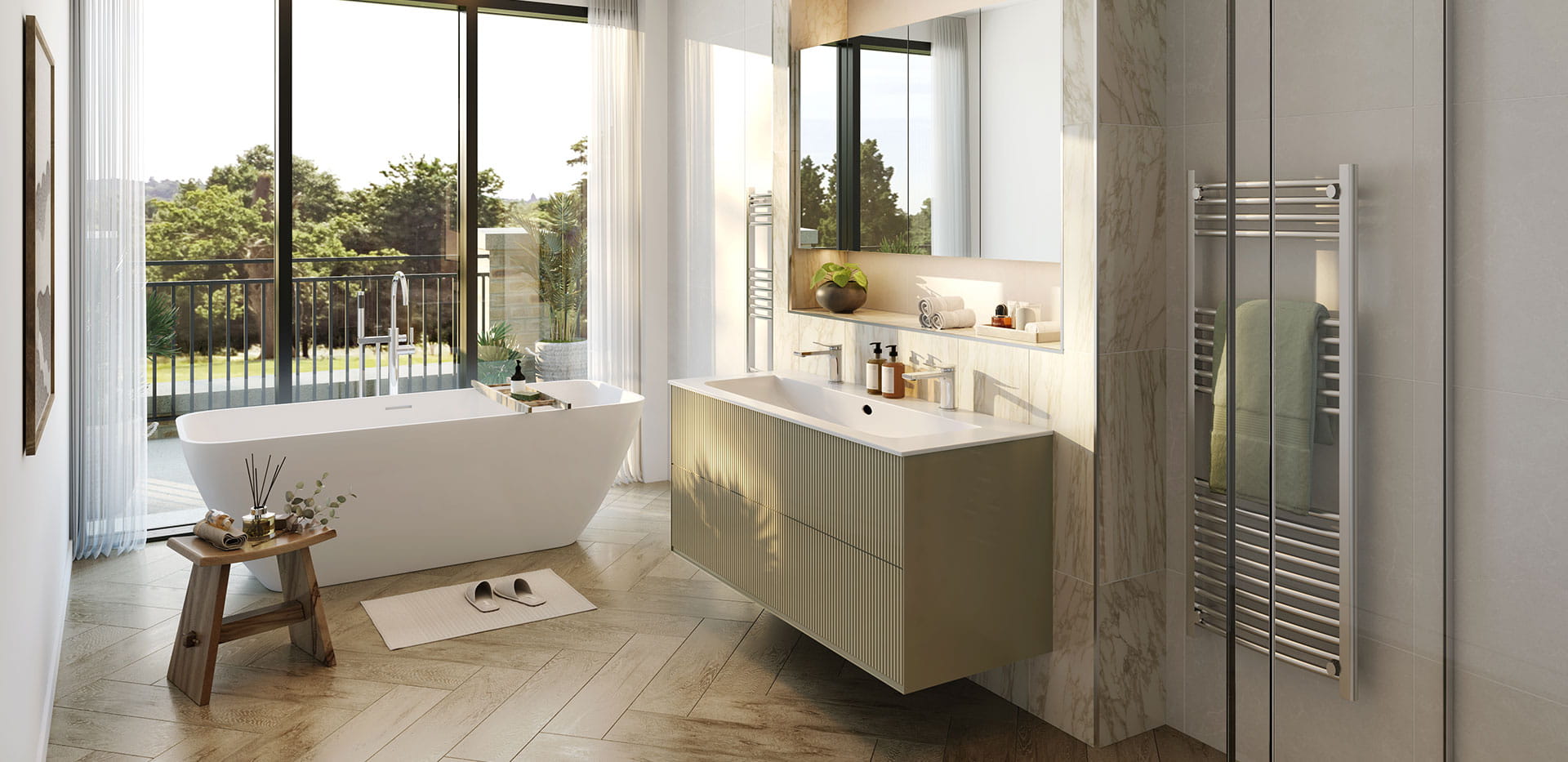 Large bathroom with freestanding bathtub