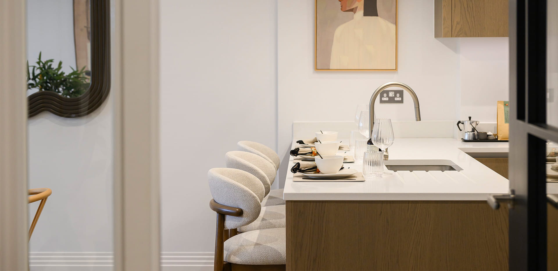 An interior Kitchen view from the Hallway at The Pavilion at Sunningdale Park