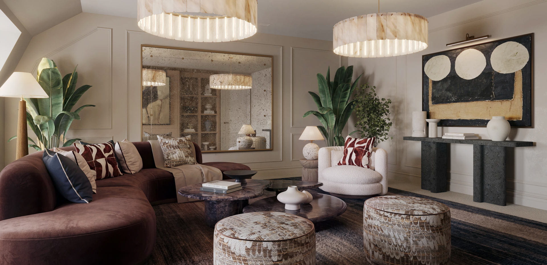 Modern designed living space in neutral tones, with sofa and coffee table, wide mirror on wall.