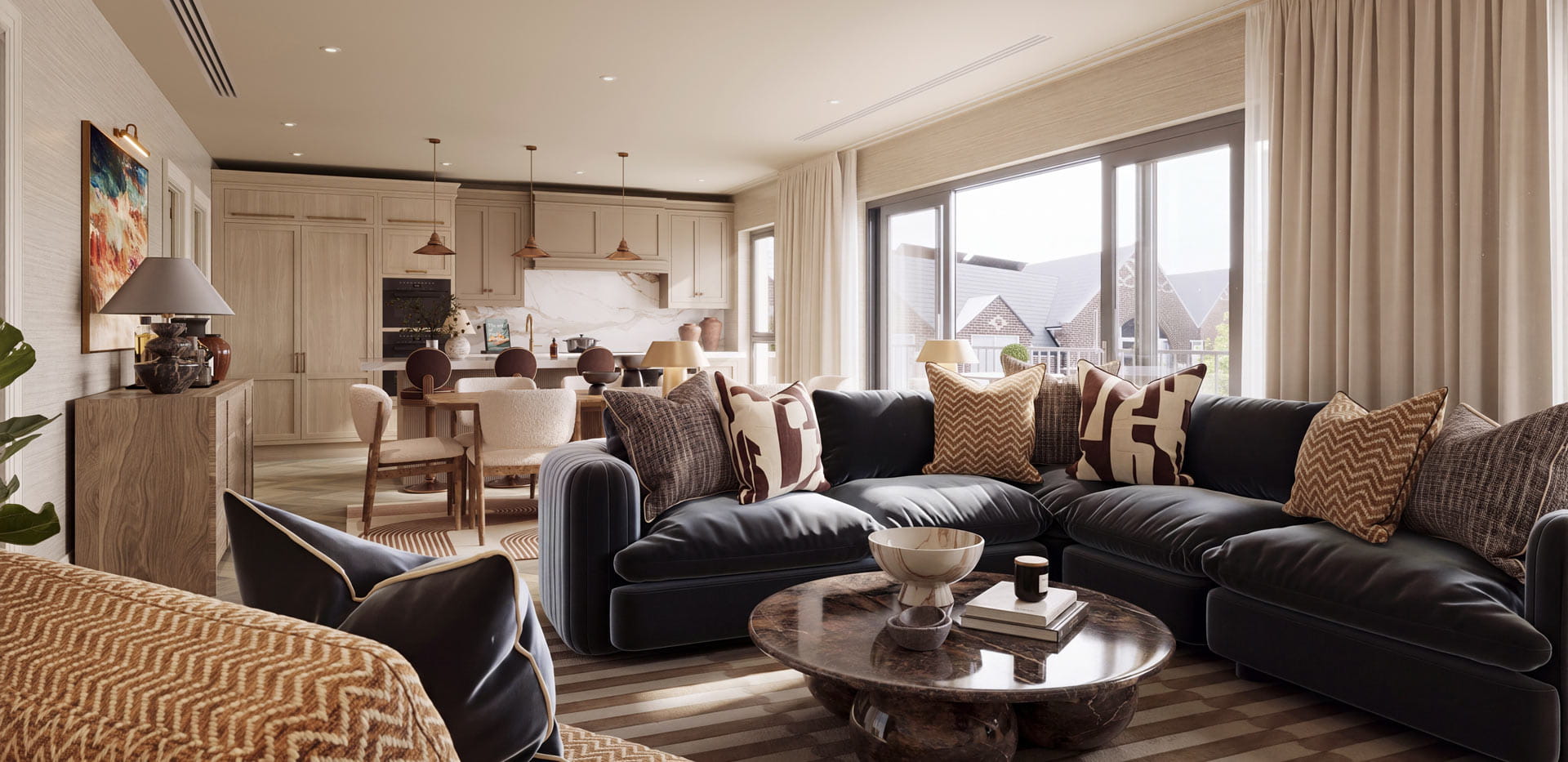 Modern designed living space with sofa and coffee table adjacent to balcony doors.