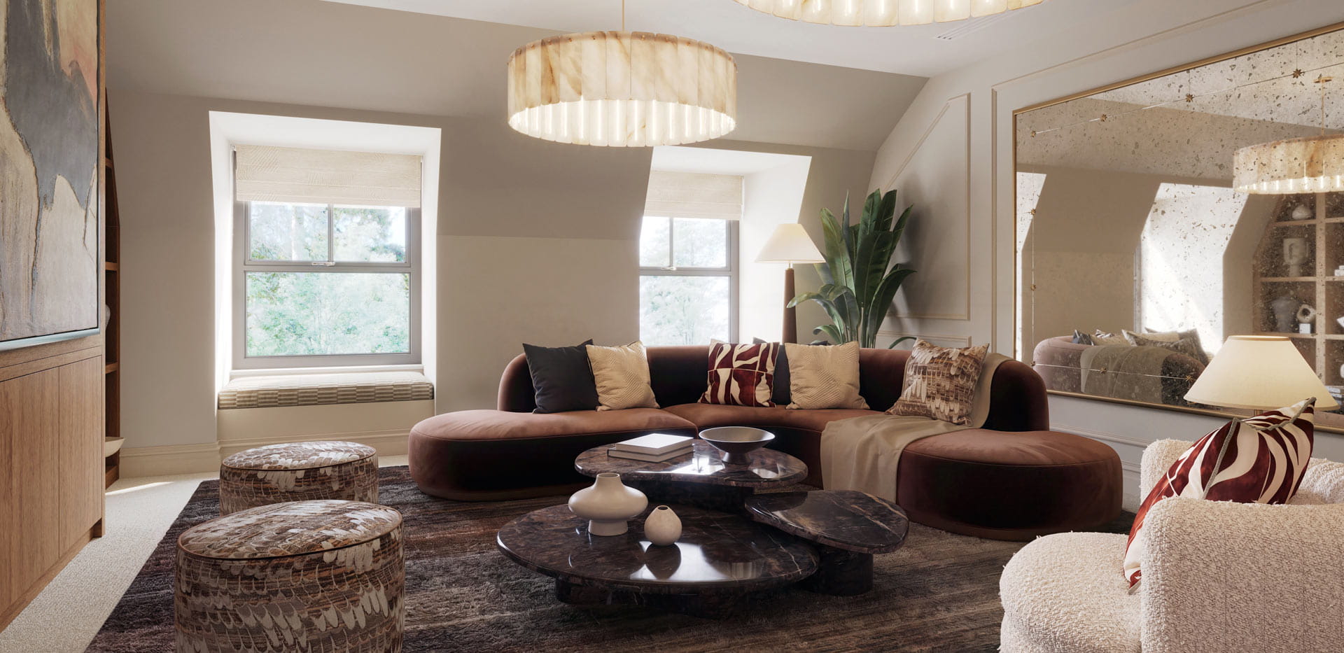 Modern designed living space with sofa and coffee table, wide mirror on wall.