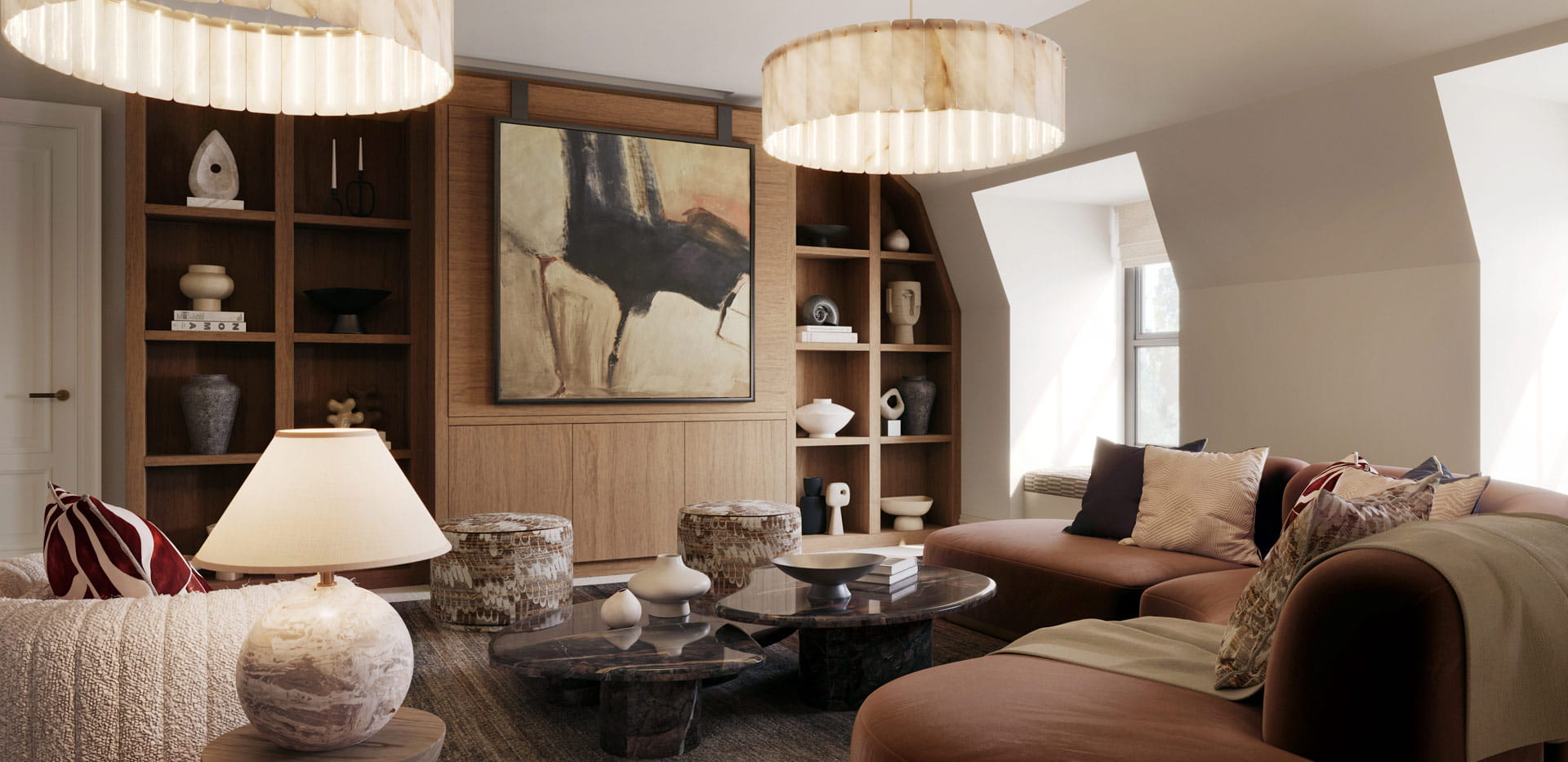 Modern designed living space with sofa and coffee table and bespoke wall shelving unit, wall hanging.