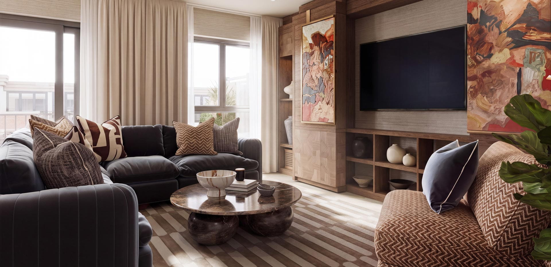 Modern designed living space with sofa and coffee table and bespoke TV unit.