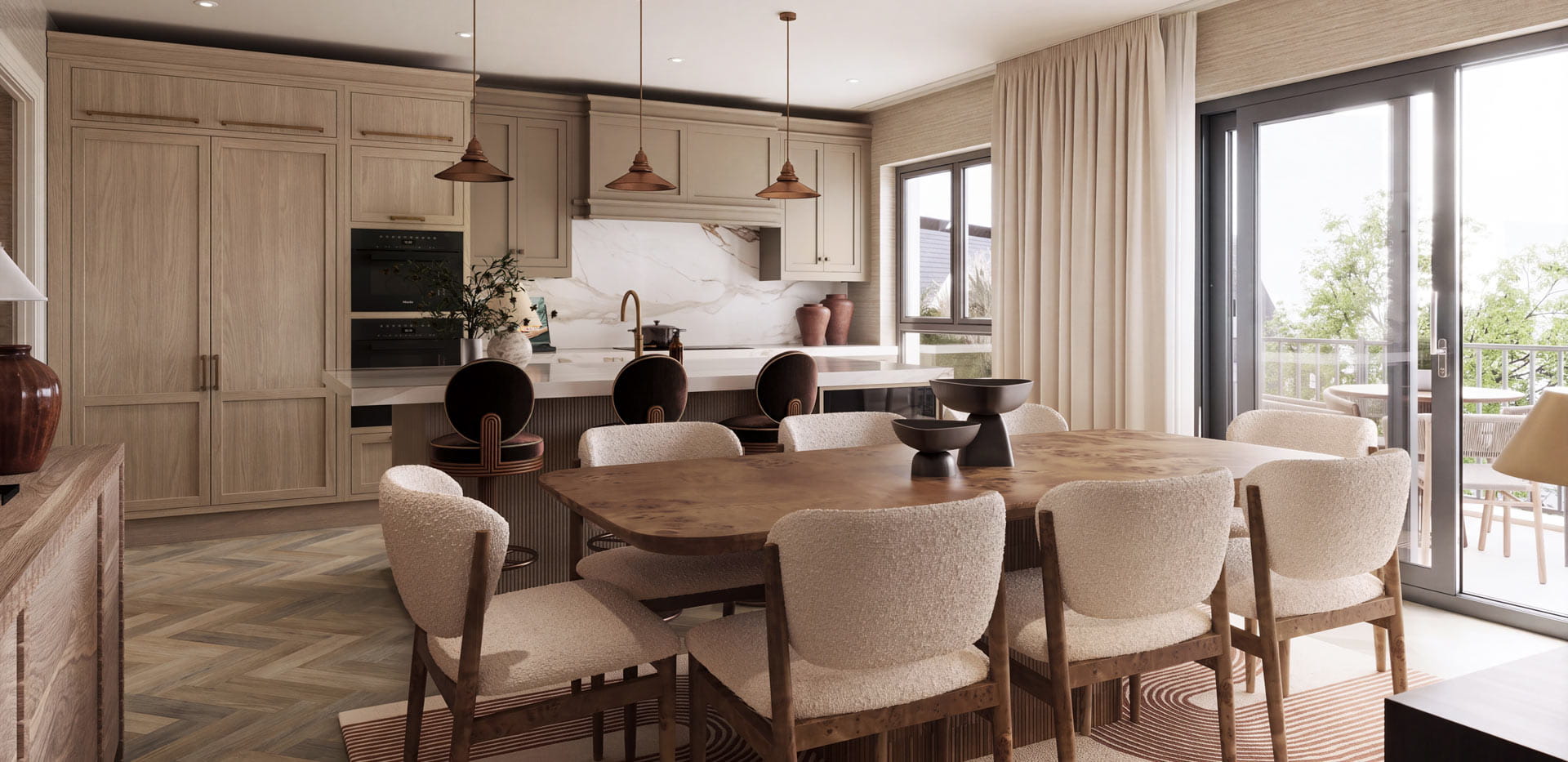 Kitchen with breakfast island, dining table behind, in neutral beige tones, balcony sliding doors adjacent.