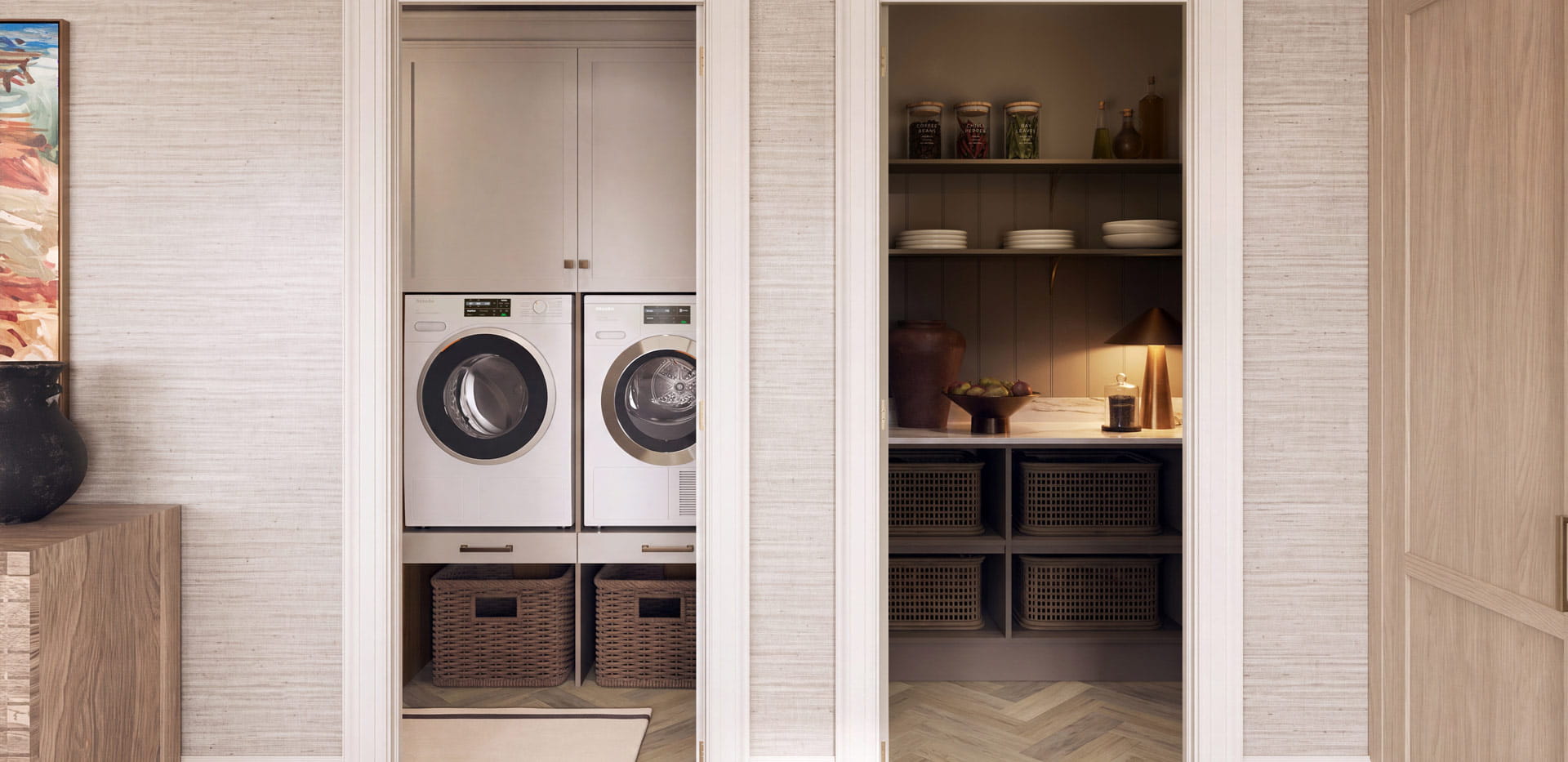 View across a laundry room and utility washing or storage room.