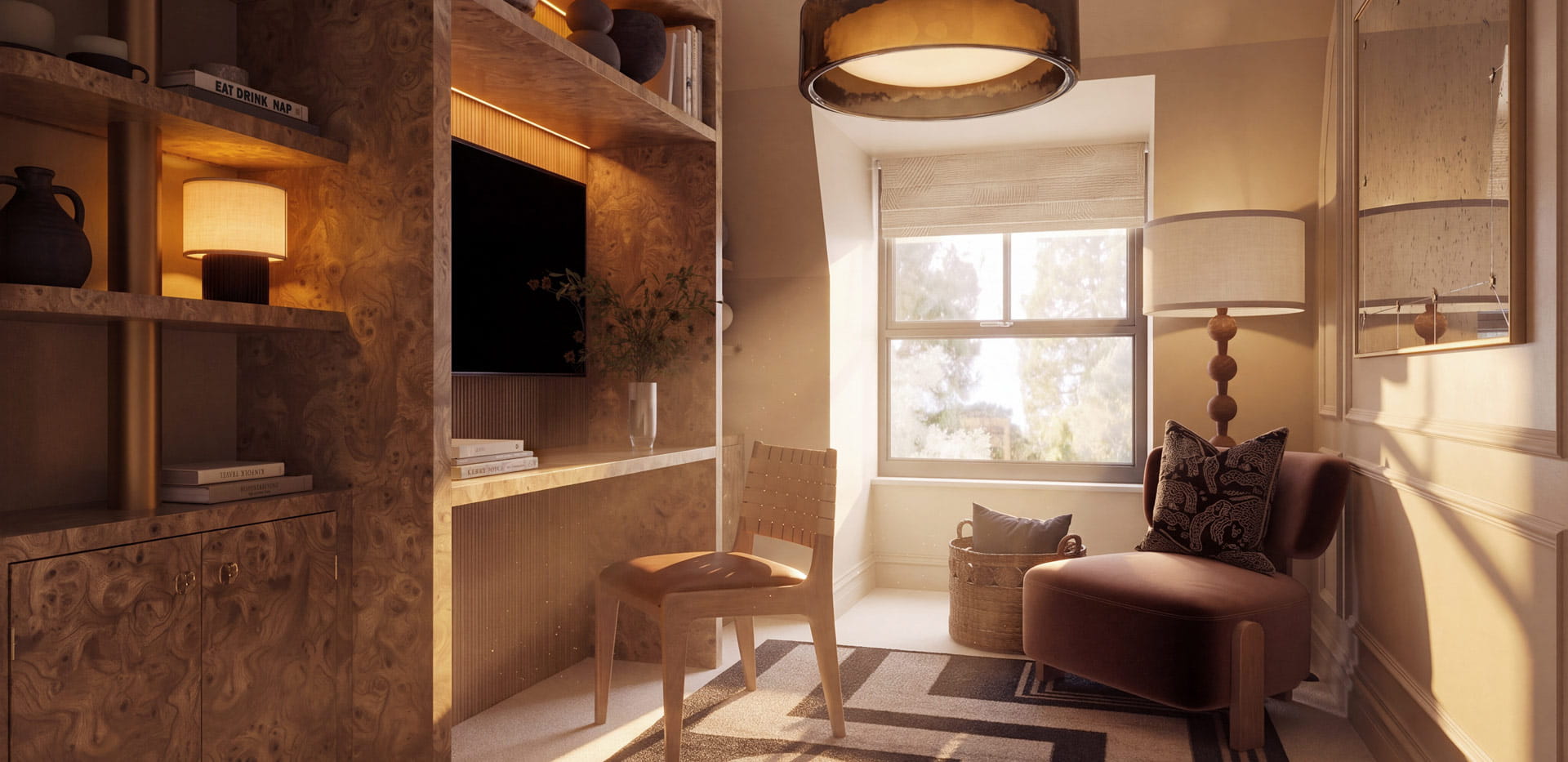 Sunlight streaming through a study room with a bespoke wall shelving unit.