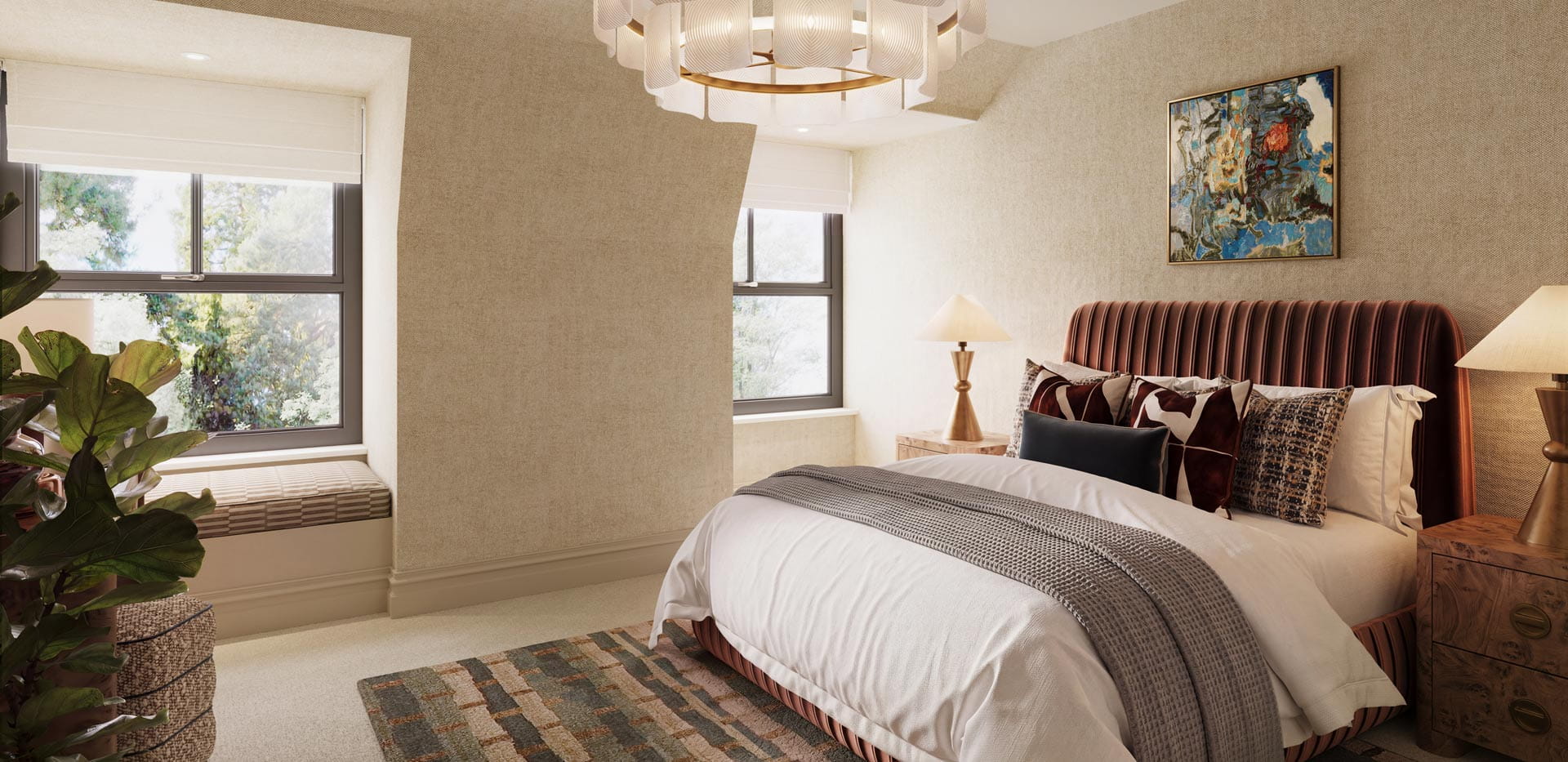 Double bed with contemporary design, rug beneath, angled ceiling above, bedside tables and wall hanging.